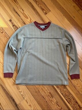 Columbia Men's Tan V-Neck Sweater with Burgundy Trim